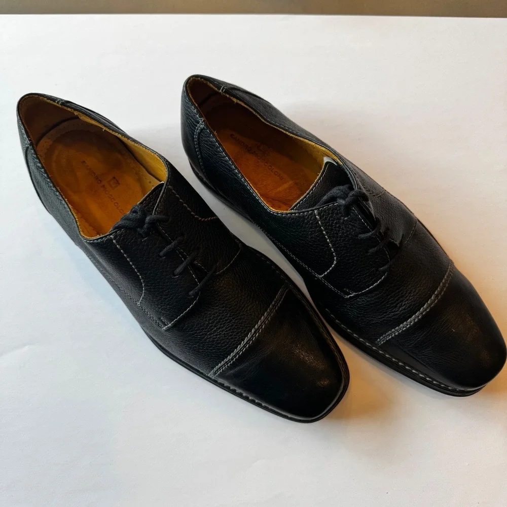 Sandro‎ Moscoloni Men 10.5D Black Pebbled Leather Cap Toe Oxford Dress Shoes